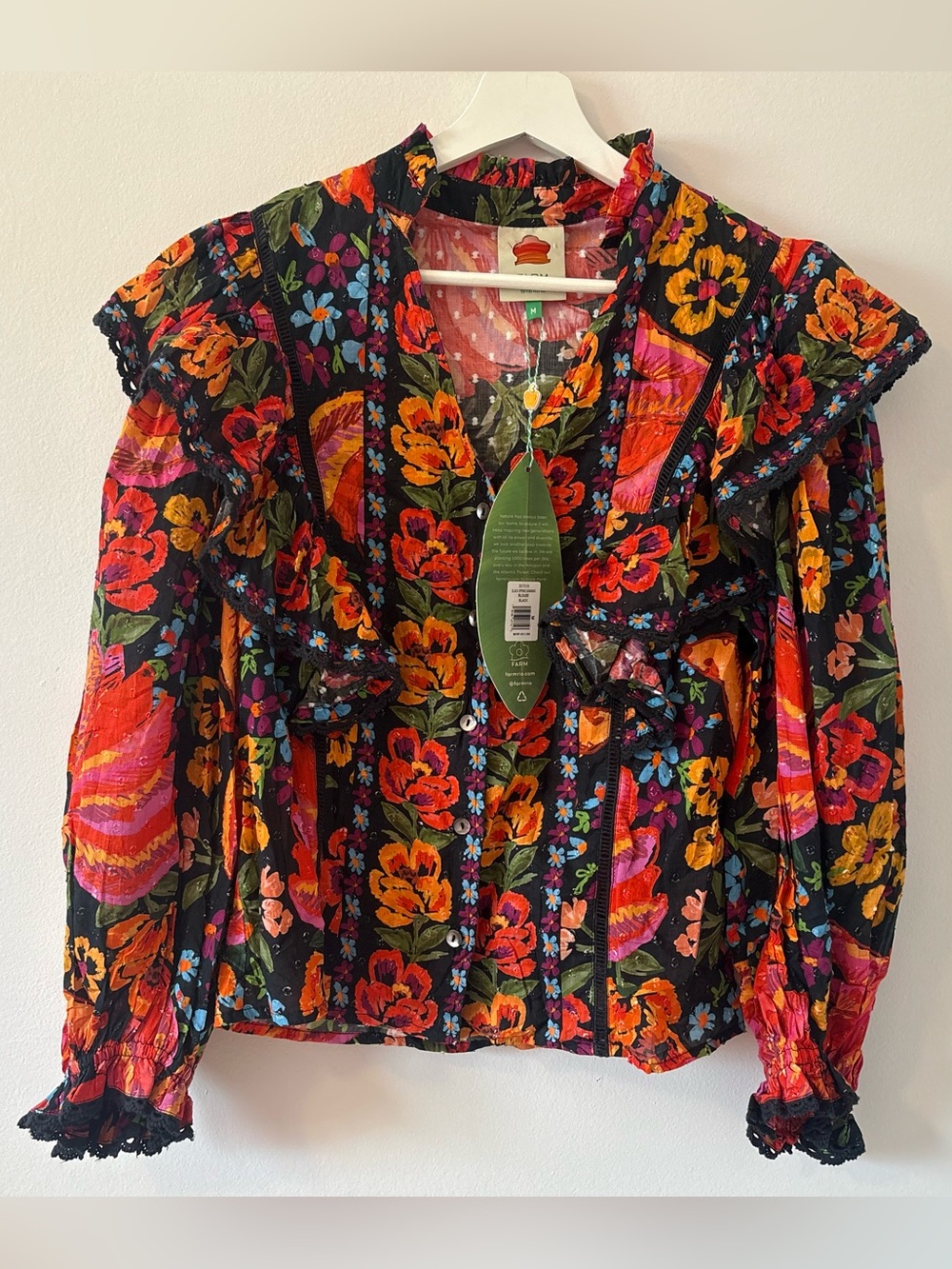 NWT Farm Rio Boho Floral Ruffle Blouse Size Medium Spring Bananas Flowy Tropical